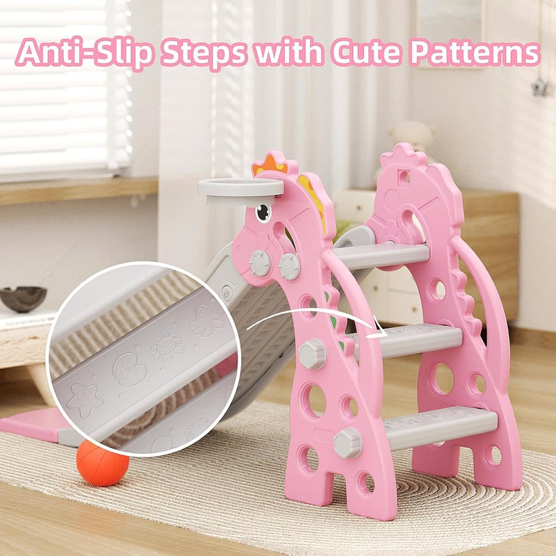 67i Toddler Slide for Indoor & Outdoor Play with Basketball Hoop, Anti-Slip Steps, 46.8in Baby Climber (Pink) - Image 3